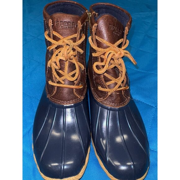 Sperry Saltwater Duck Boots Women's Size 9M Brown Leather Navy Rubber Rain - Picture 2 of 12